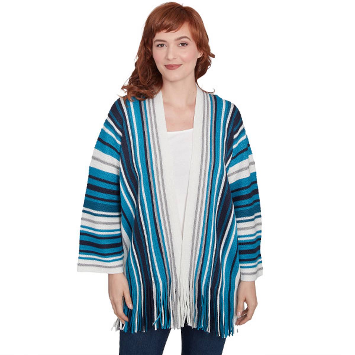 Petite Ruby Rd. Wintery Glow Striped Fringe Hem Cardigan