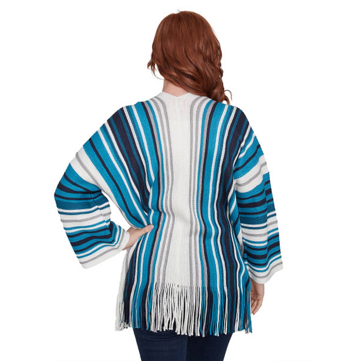 Petite Ruby Rd. Wintery Glow Striped Fringe Hem Cardigan