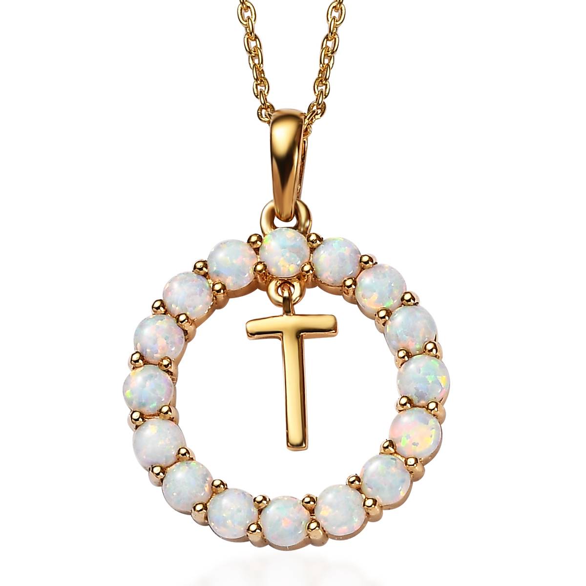 Gemstone Classics(tm) 3mm Lab Created Milky Opal Initial T Pendant