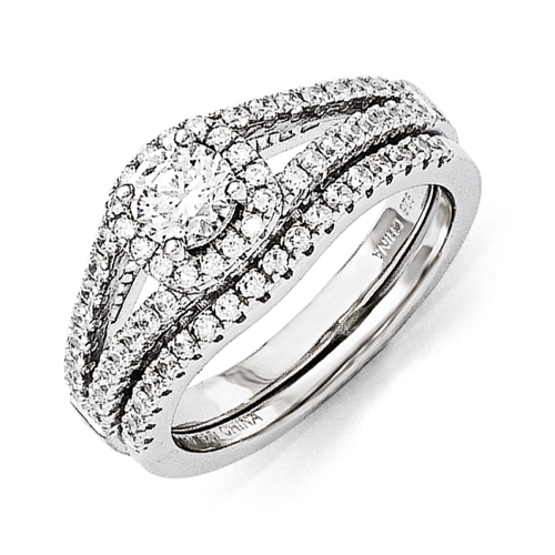 Sterling Silver CZ 2pc. Wedding Ring Set In Sterling Silver