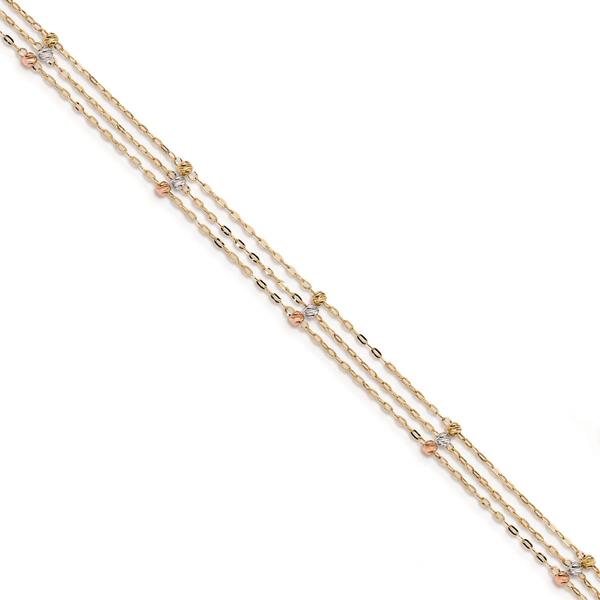 Gold Classics(tm) 14kt. Tri Color 3 Strand Diamond Cut Beaded Anklet