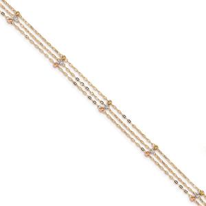 Gold Classics(tm) 14kt. Tri Color 3 Strand Diamond Cut Beaded Anklet