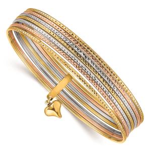 14kt. Dangle Heart Tri-Color Set of 7 Textured Bangles
