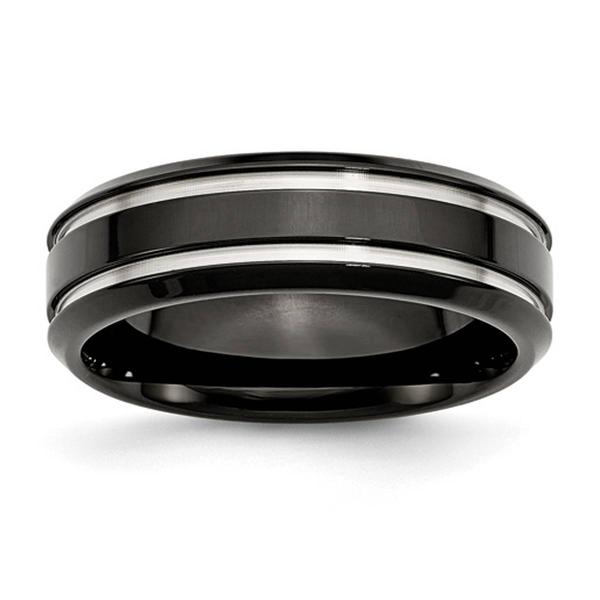 Mens Gentlemen's Classics(tm) Grooved Black IP-Plated 7mm Band