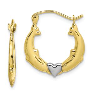 Gold Classics(tm) 10kt. & Rhodium Dolphin Heart Hollow Hoop Earrings