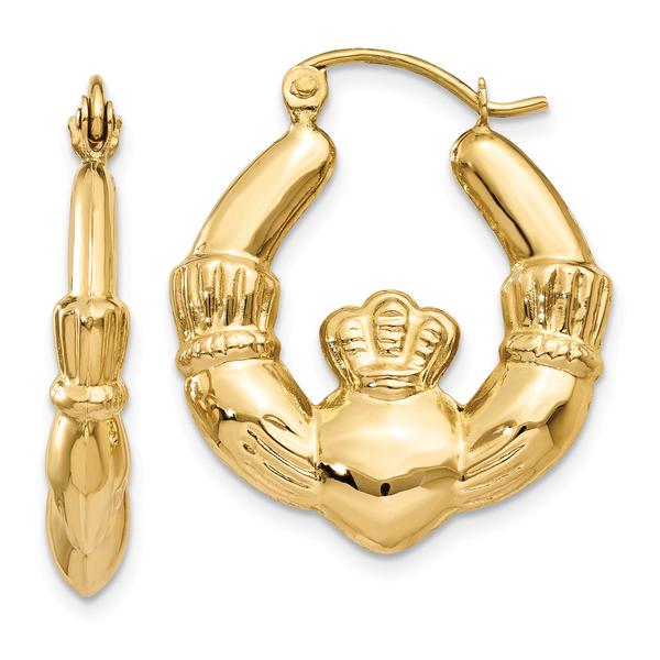 Gold Classics(tm) 10mm. 14kt. Polished Hoop Claddagh Earrings