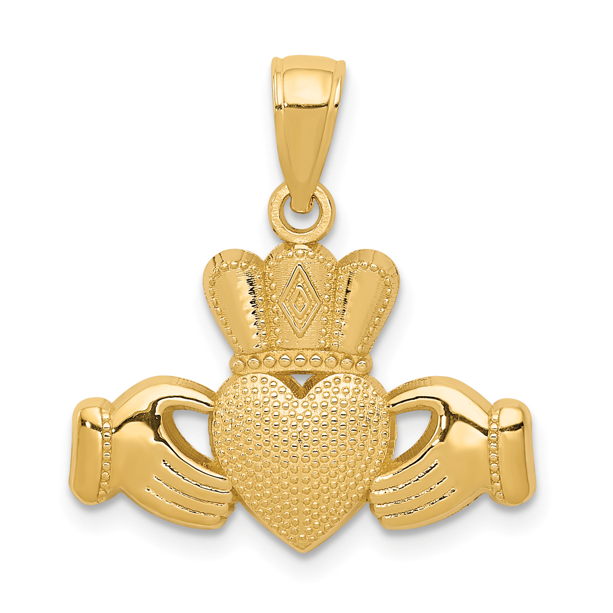 Unisex Gold Classics(tm) 14kt. Claddagh With Textured Crown Pendant