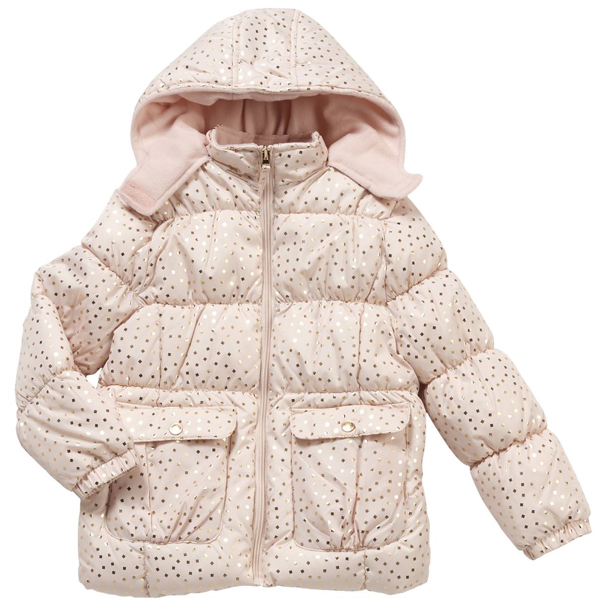 Girls (7-16) Pink Platinum Rose Gold Foil Print Puffer Coat