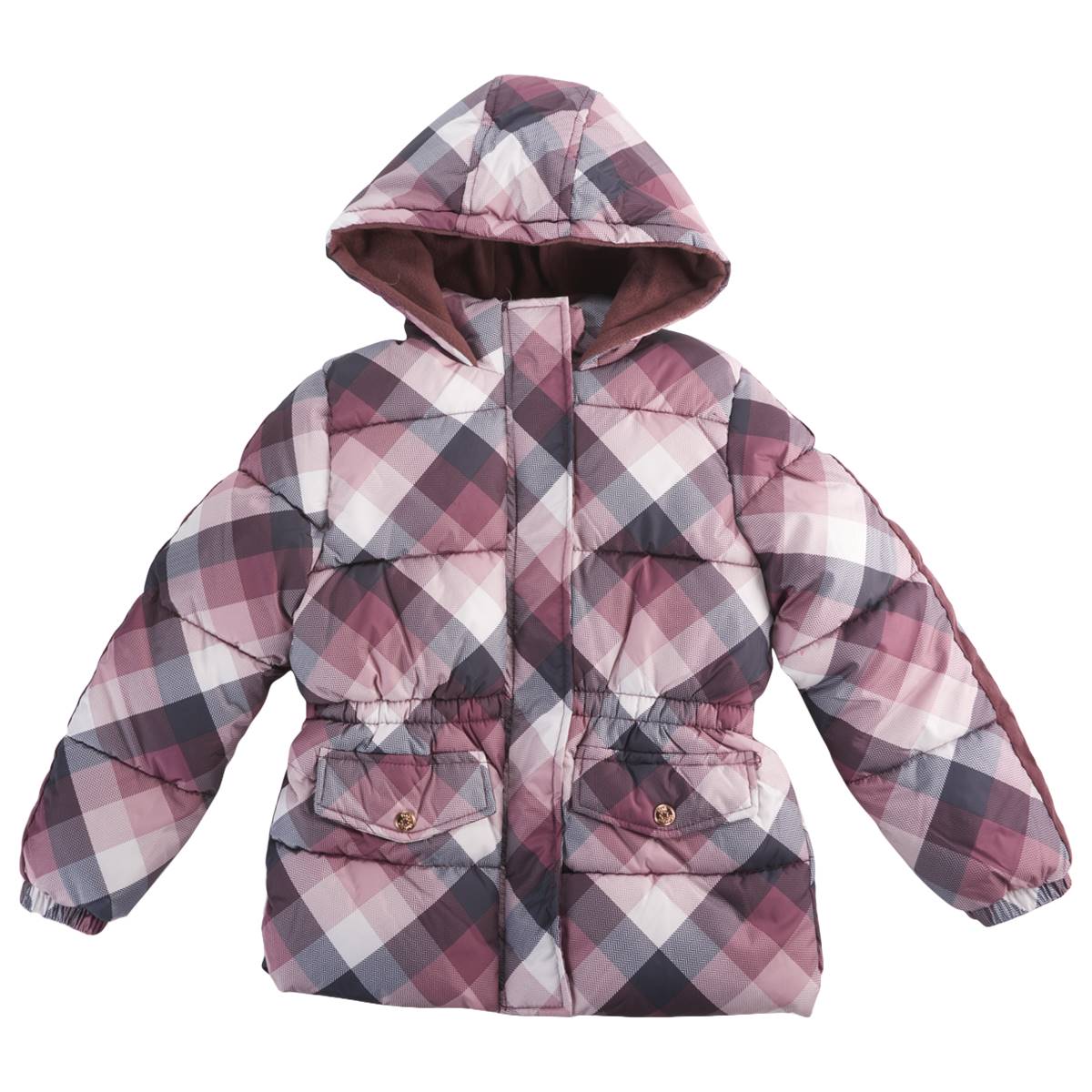 Girls (7-16) Pink Platinum Plaid Puffer Coat