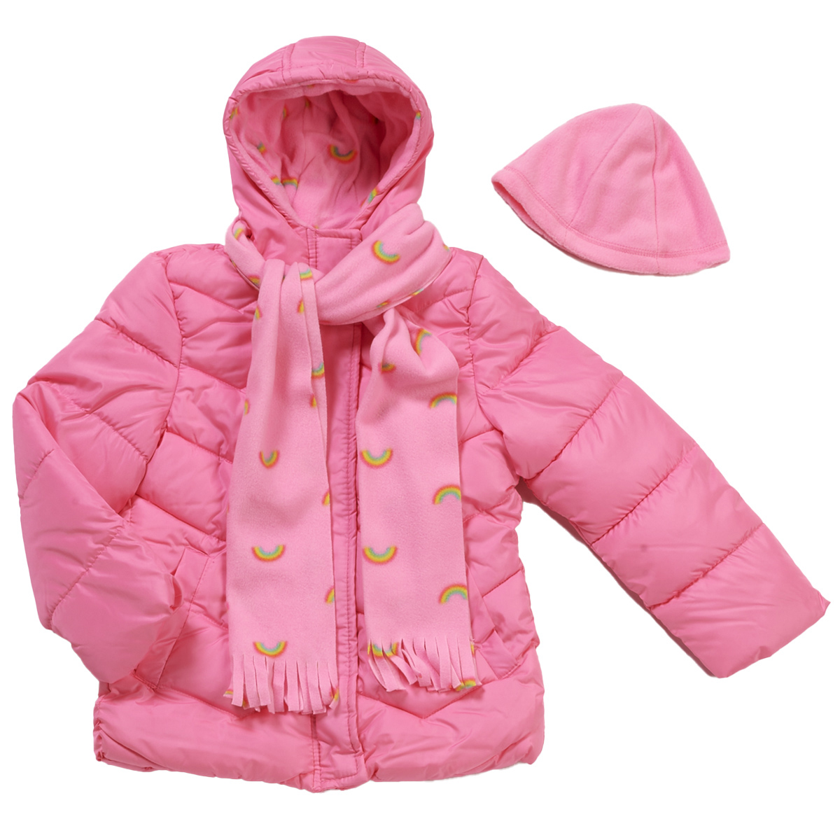 Girls (7-16) Pink Platinum Solid Puffer Coat W/Hat & Scarf