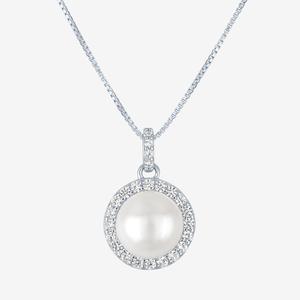 Gemstone Classics(tm) Lab Grown White Sapphire & Pearl Halo Pendant