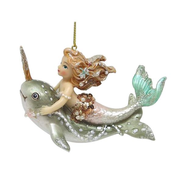 Resin Mermaid Riding a Narwhal Ornament