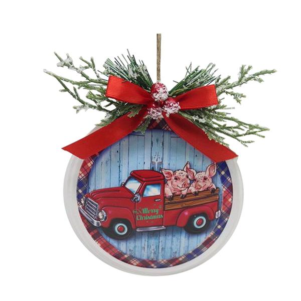 Metal Disc Ornament with Red Truck with Pigs