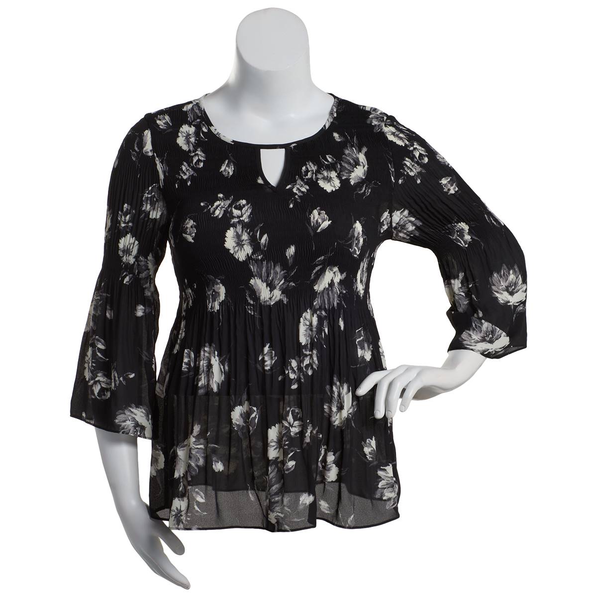 Womens Floral & Ivy 3/4 Sleeve Floral Keyhole Blouse