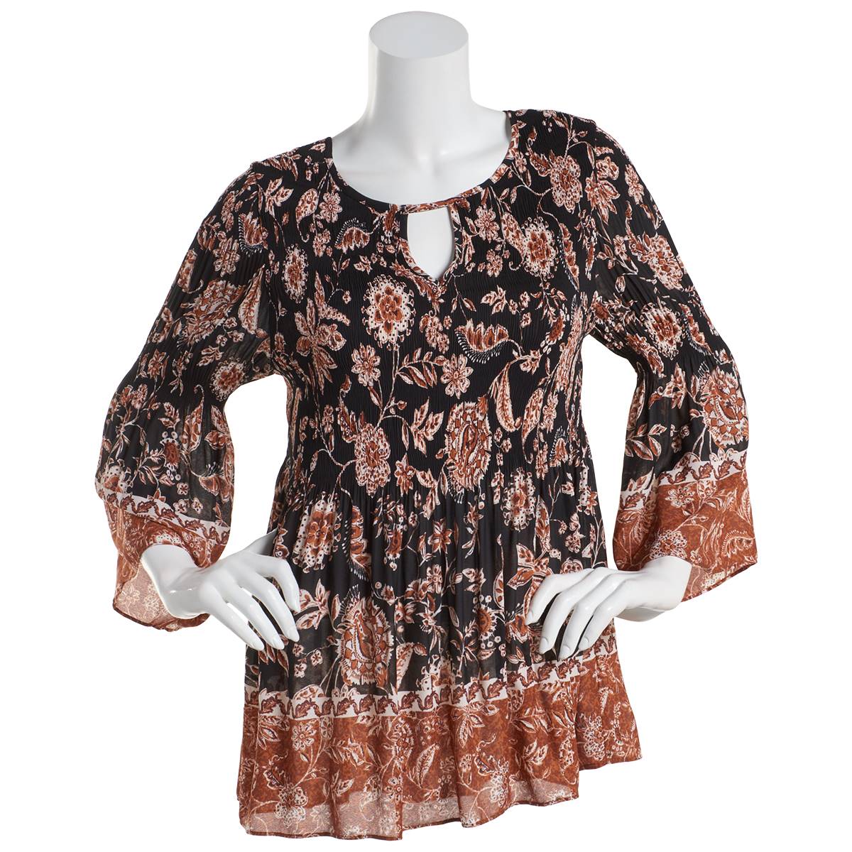 Womens Floral & Ivy Bell Sleeve Keyhole Paisley Floral Blouse