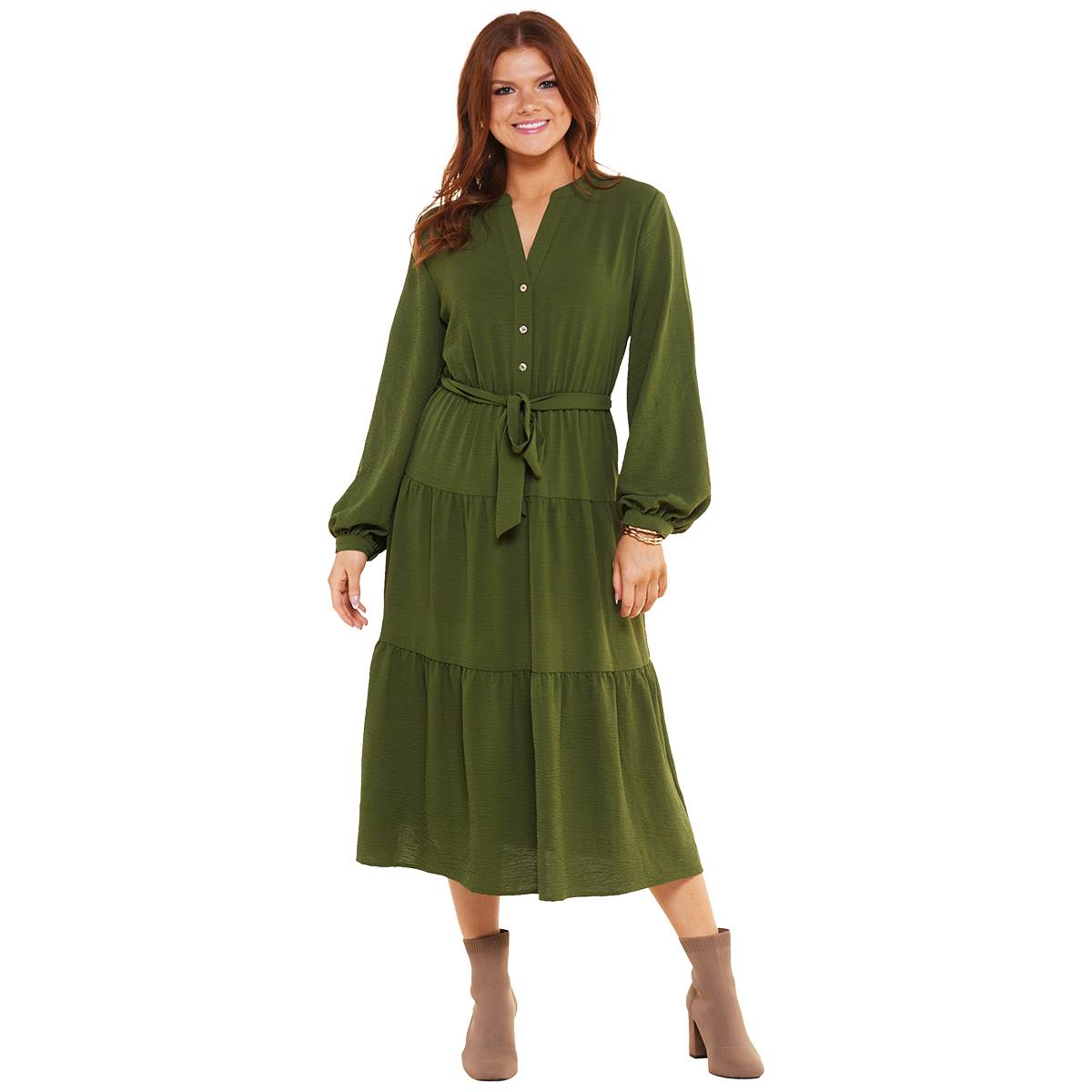 Womens Emma & Michele Long Sleeve Tier Airflow Midi Dress