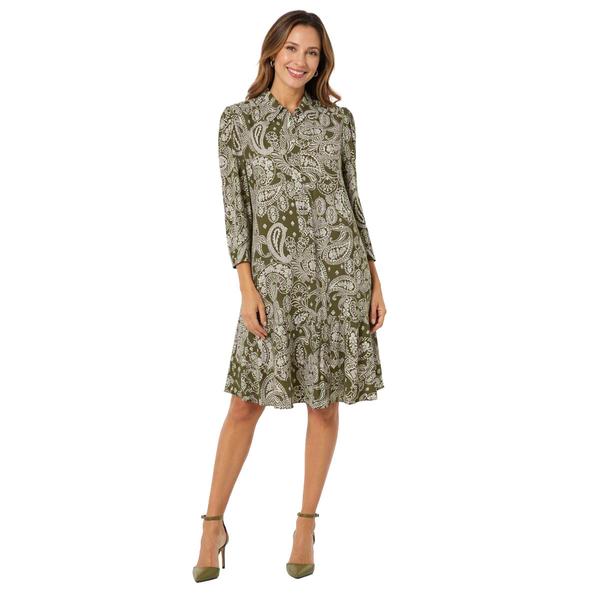 Womens Emma & Michele 3/4 Sleeve Paisley Ruffle Hem Shift Dress