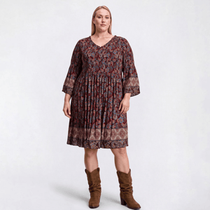 Plus Size Emma & Michele 3/4 Sleeve Paisley Pleat A-Line Dress