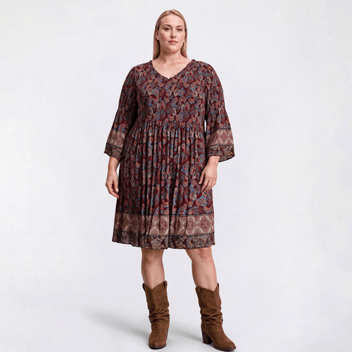 Plus Size Emma & Michele 3/4 Sleeve Paisley Pleat A-Line Dress alternate view
