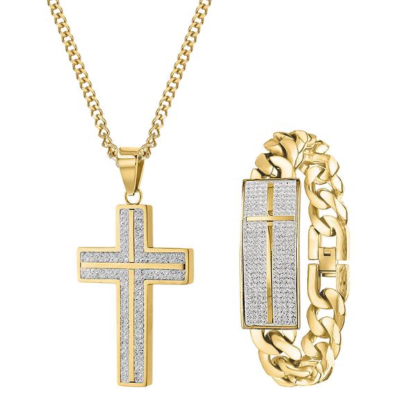 Mens Gentlemens Classics(tm) Gold-Tone Crystal Cross & Bracelet Set