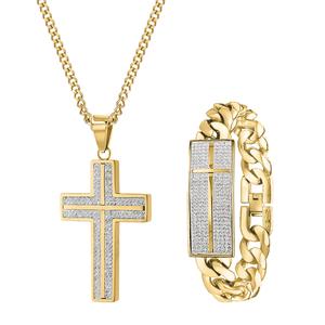 Mens Gentlemens Classics(tm) Gold-Tone Crystal Cross & Bracelet Set