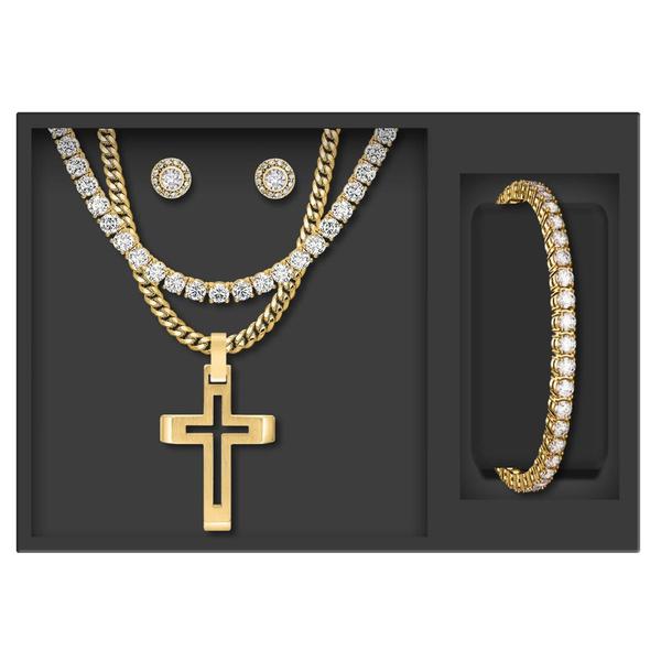 Mens Gentlemens Classics(tm) Gold-Tone Cross/Bracelet/Earrings Set