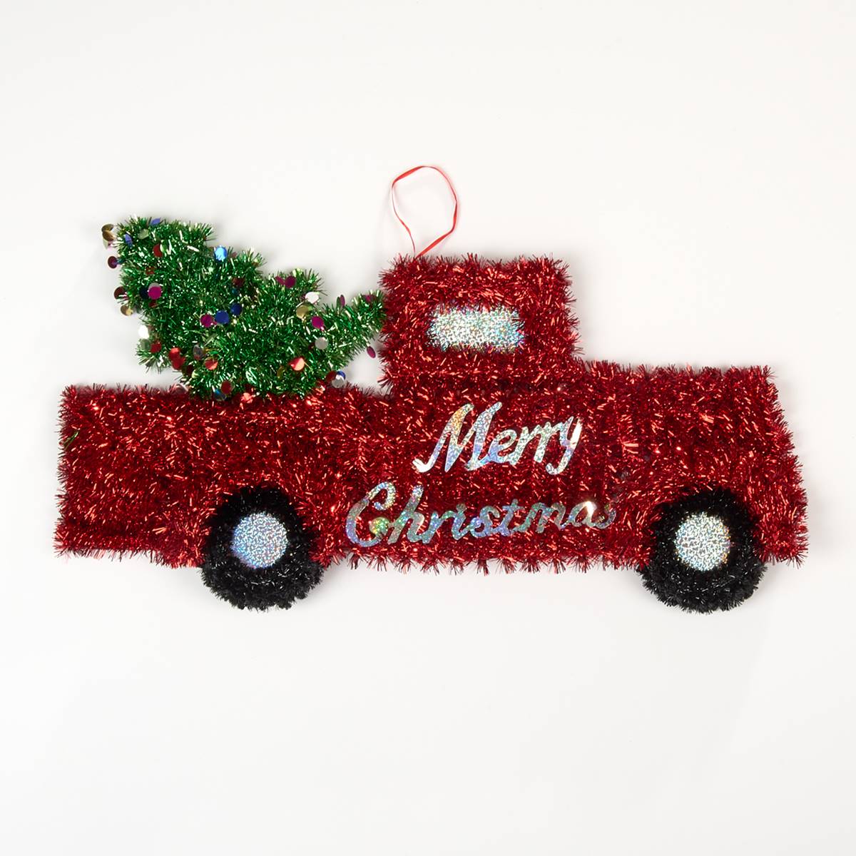 25in. Merry Christmas Tinsel Red Truck & Tree Decoration