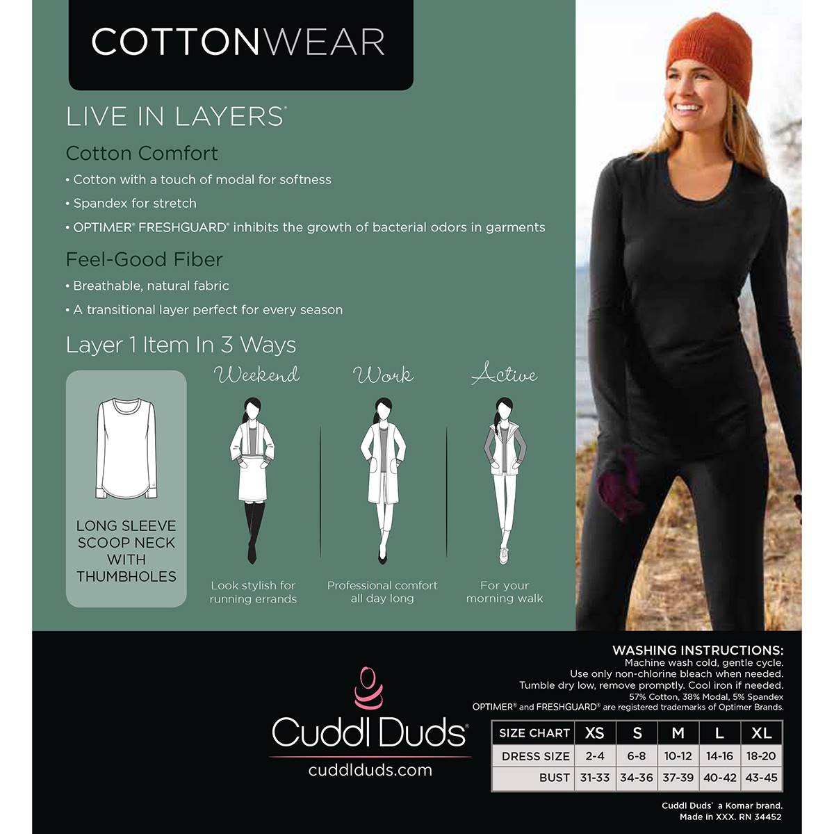 Womens Cuddl Duds(R) Cottonwear Long Sleeve Thermal Top