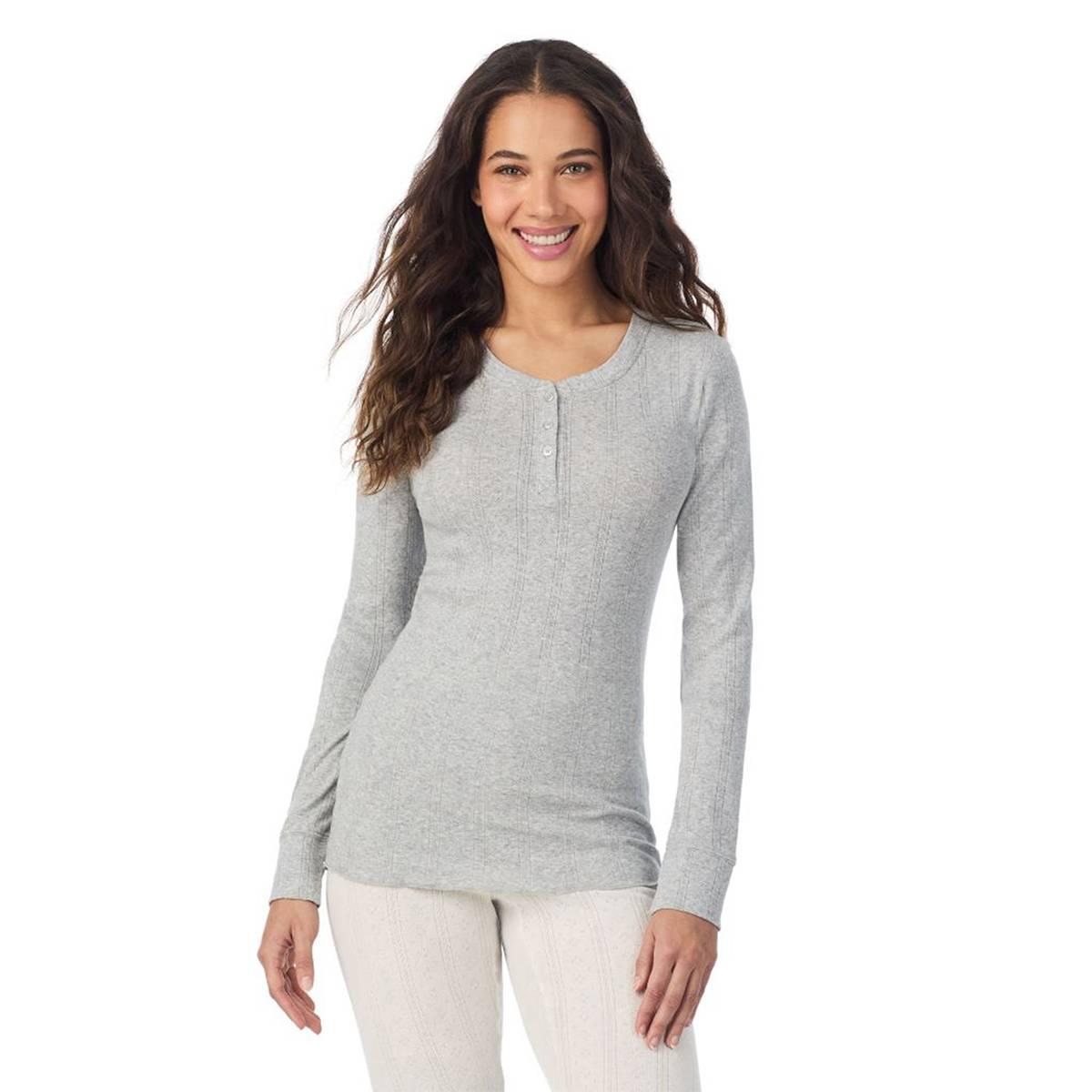 Cuddl Duds Womens Cotton Pointelle Round Neck Long Sleeve Thermal Shirt, X-large, Gray