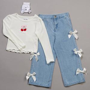 Girls (4-6x) BTween(R) Long Sleeve Cherry Top w/ Wide Leg Bow Jeans alternate view