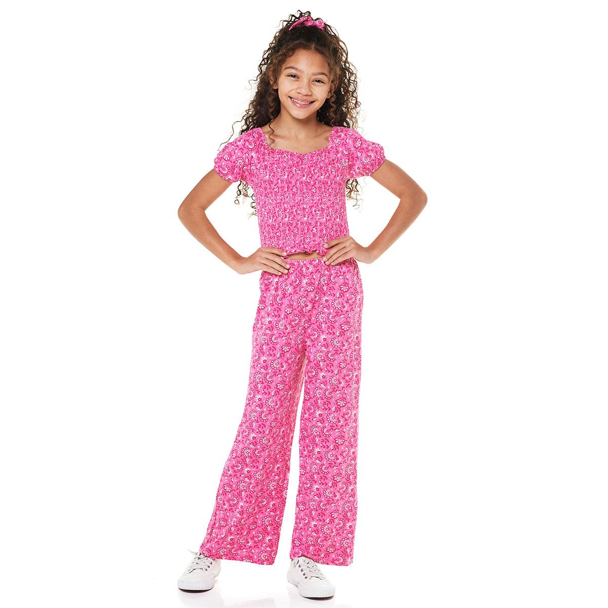 Girls (7-12) BTween(R) Floral Short Sleeve Smocked Top/Wide Legging