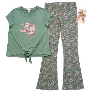 Girls(7-16) BTween(R) Tie Front Boot Tee w/ Floral Flare Leggings
