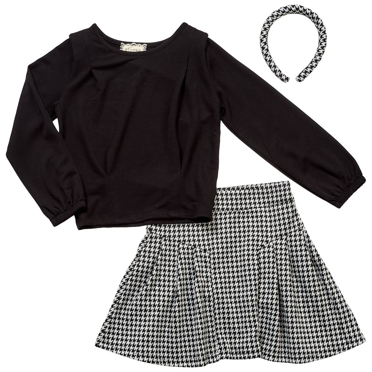 Girls (7-12) BTween(R) Solid Knit Pleat Top & Houndstooth Skirt Set