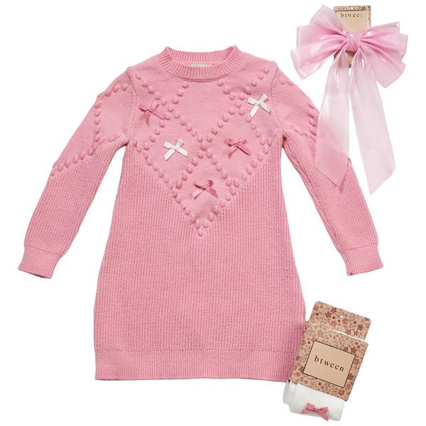 Toddler Girl BTween(R) Pink Cardigan Ribbons Dress, Tights, Bow Set