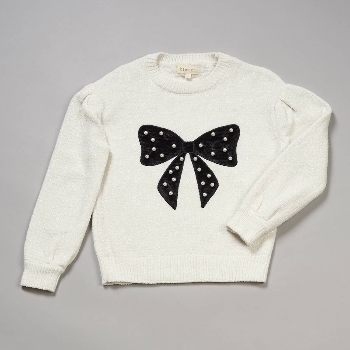 Girls (7-12) BTween(R) Long Sleeve Chenille Lurex Pearl Bow Sweater