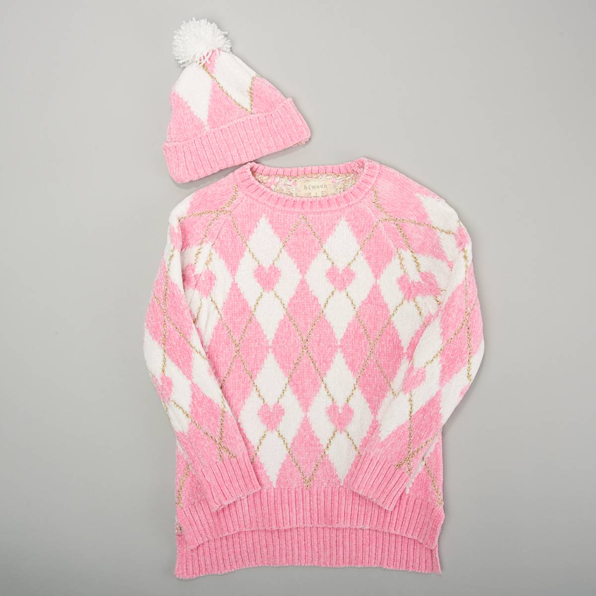 Girls (7-12) BTween(R) Long Sleeve Argyle Chenille Sweater W/ Hat