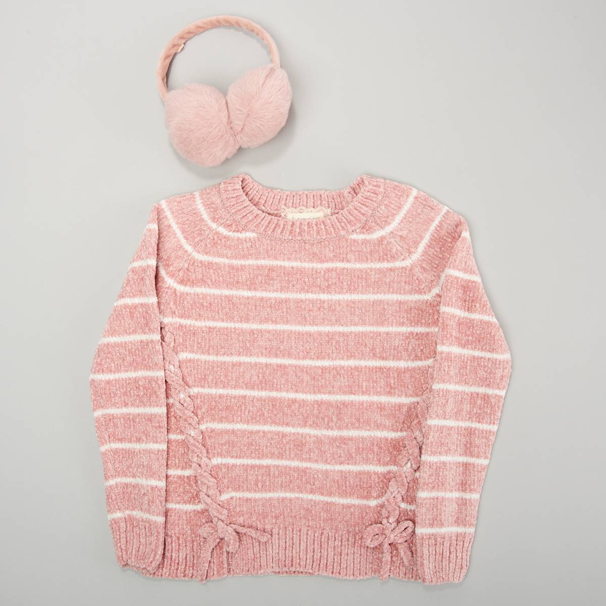 Girls (7-12) BTween(R) Lace Up Stripe Chenille Sweater