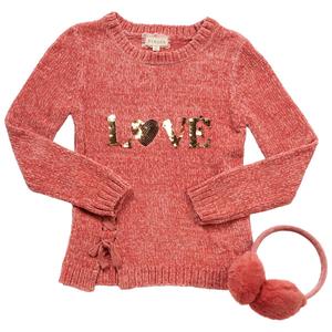 Girls (7-16) BTween(R) Flip Sequin Love Chenille Sweater & Earmuffs