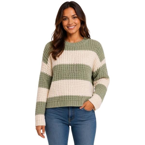 Juniors Pink Rose Striped Chenille Waffle Knit Sweater