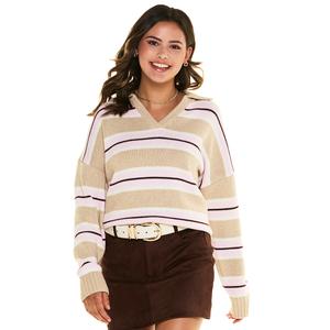 Juniors Pink Rose Striped Collar Polo Sweater alternate view