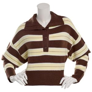 Juniors Pink Rose Stripe Henley Wide Collar Polo Sweater alternate view