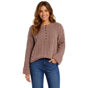 Juniors Pink Rose Matte Chenille Crochet Stitch Henley Sweater alternate view