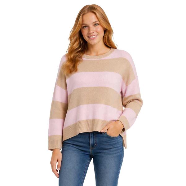 Juniors Pink Rose Striped Crop Step Hem Pullover Sweater