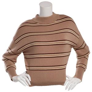 Juniors Pink Rose Striped Mock Neck High Rib Pullover Sweater