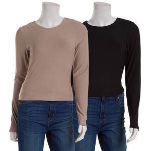 Juniors Pink Rose 2pk. Long Sleeve Double Layer Crew Neck Tops alternate view
