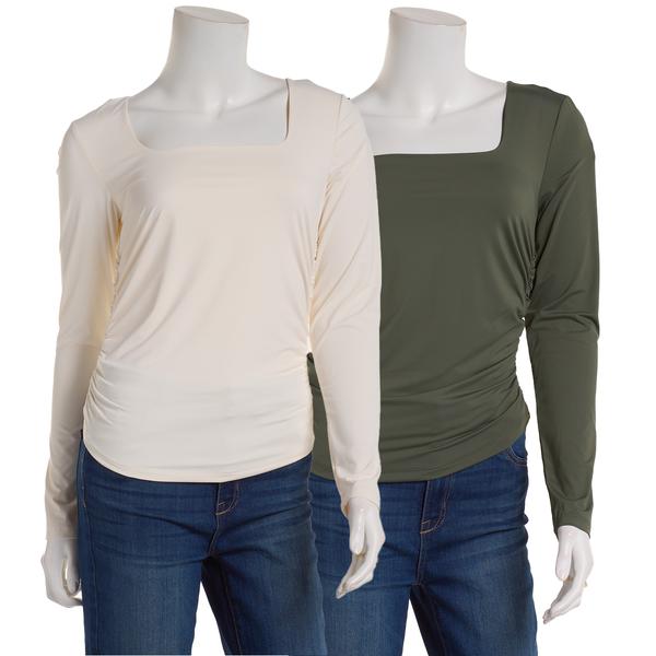 Juniors Pink Rose 2pk. Long Sleeve Square Neck Side Ruched Top