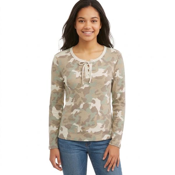 Juniors Pink Rose Long Sleeve Ribbed Lace Up Tie Top -Camo alternate view