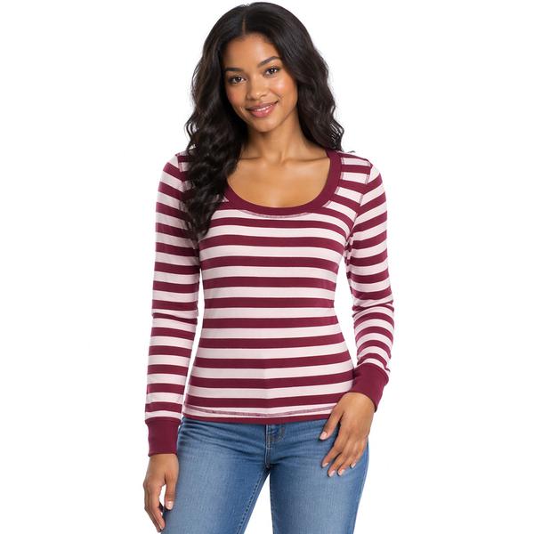 Juniors Pink Rose Long Sleeve Wide Stripe Deep Scoop Neck Top