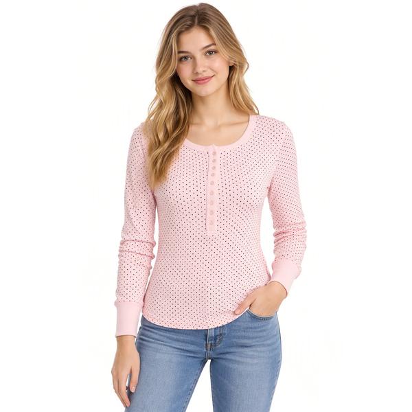 Juniors Pink Rose Polka Dot Long Sleeve Button Up Henley Top alternate view