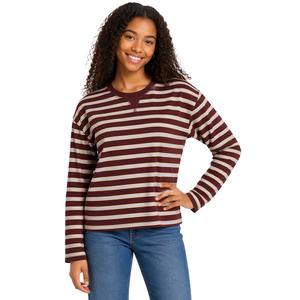 Juniors Pink Rose Long Sleeve Oversized Striped V-Notch Top-BrwnW alternate view